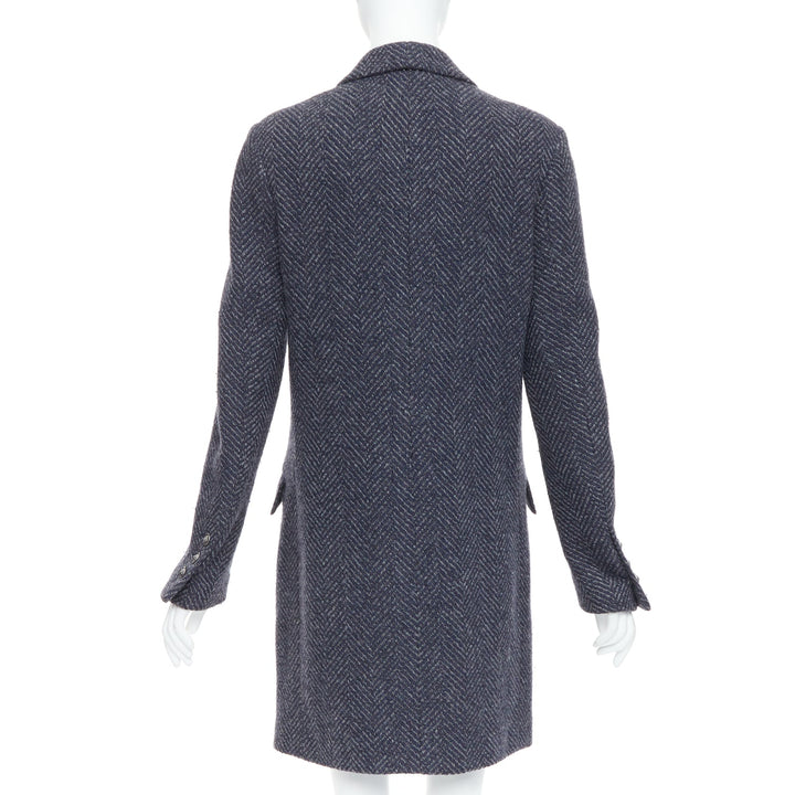 CHANEL Karl Lagerfeld 08A grey navy herringbone tweed long coat FR46 3XL