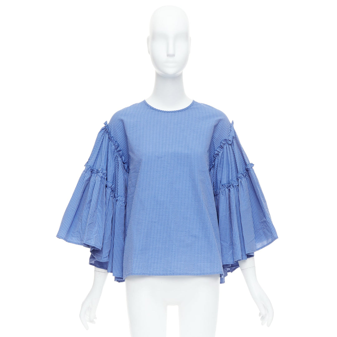 MSGM blue cotton blend striped flared sleeve crew neck crop top IT38 XS