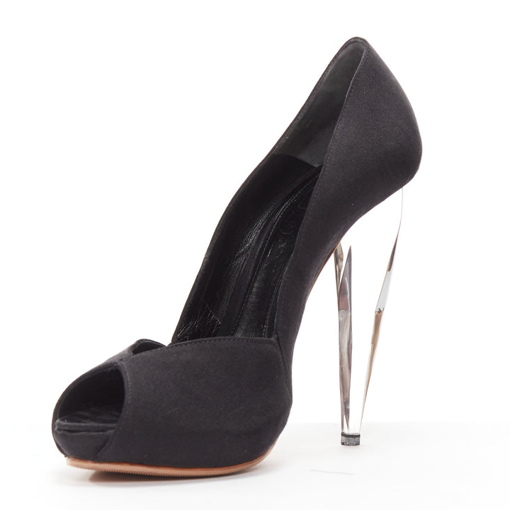 ALEXANDER MCQUEEN black satin clear lucite dagger peep toe heel EU37