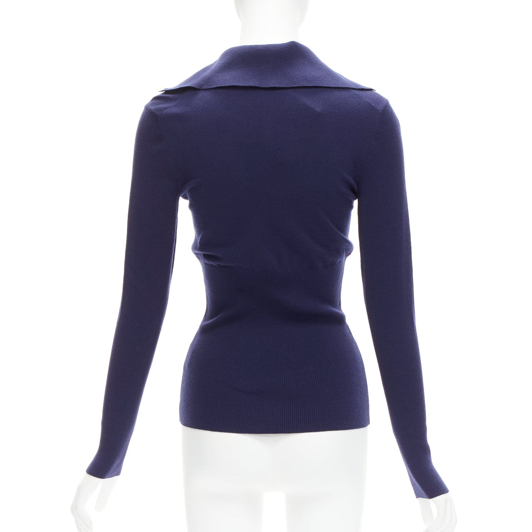 ALAIA navy blue wool blend button turtleneck sweater top FR40 L