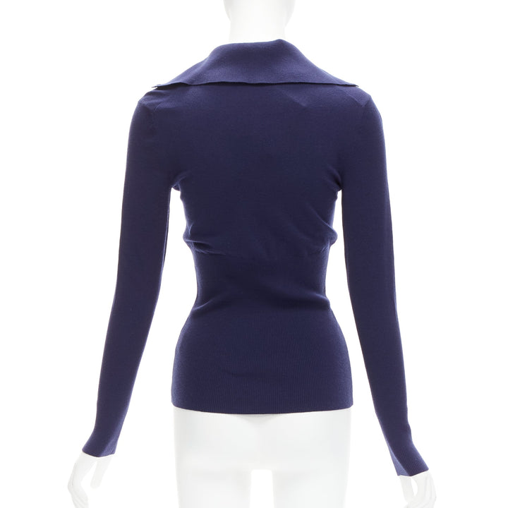 ALAIA navy blue wool blend button turtleneck sweater top FR40 L