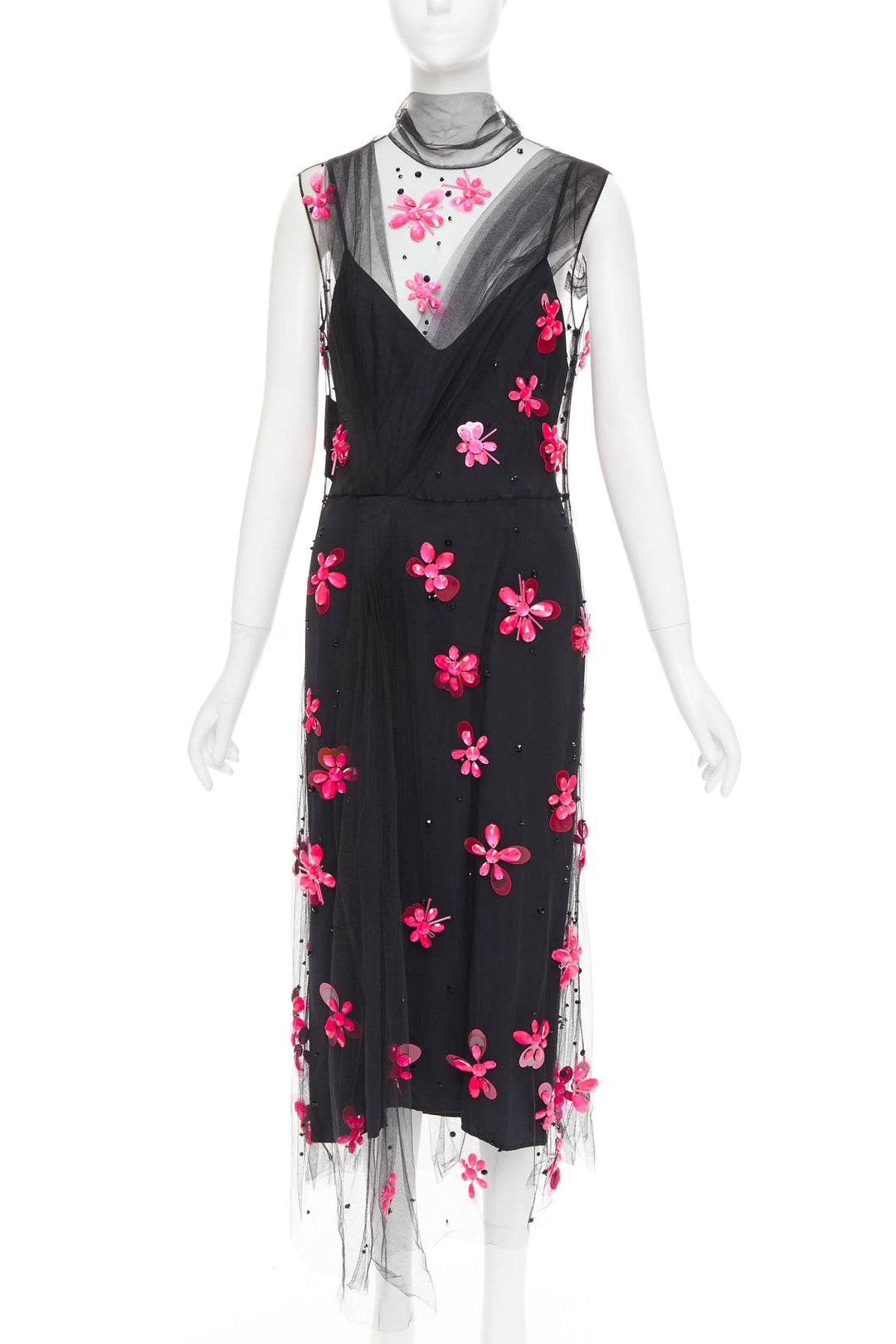 PRADA 2018 Runway neon pink floral bead black tulle sheer midi dress IT40 S