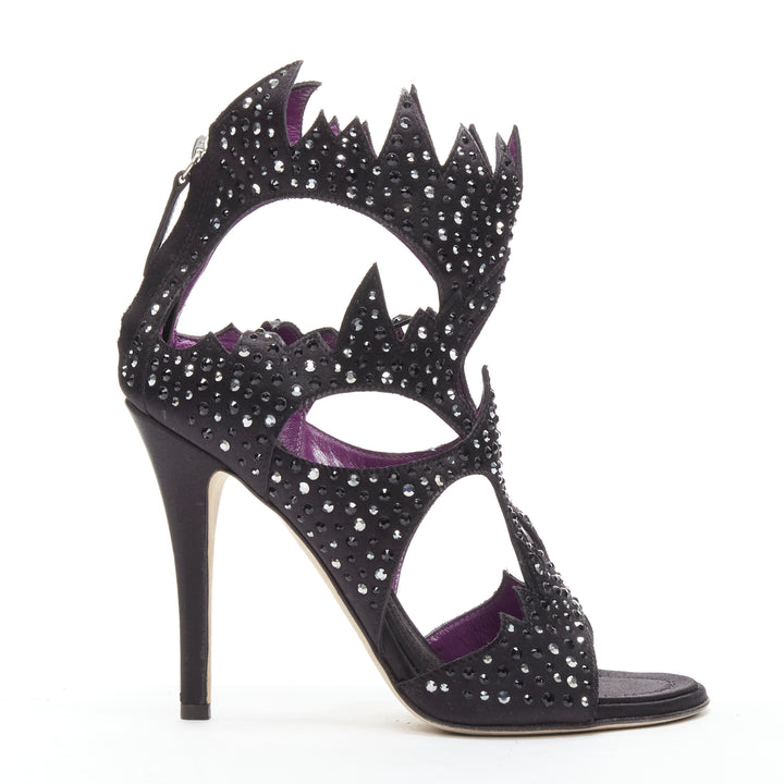 GIUSEPPE ZANOTTI black crystal satin leather lined cutout sandals heels EU37.5