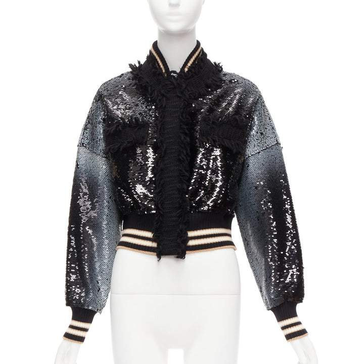 AVIU black white spray paint effect sequins cropped bomber jacket IT38