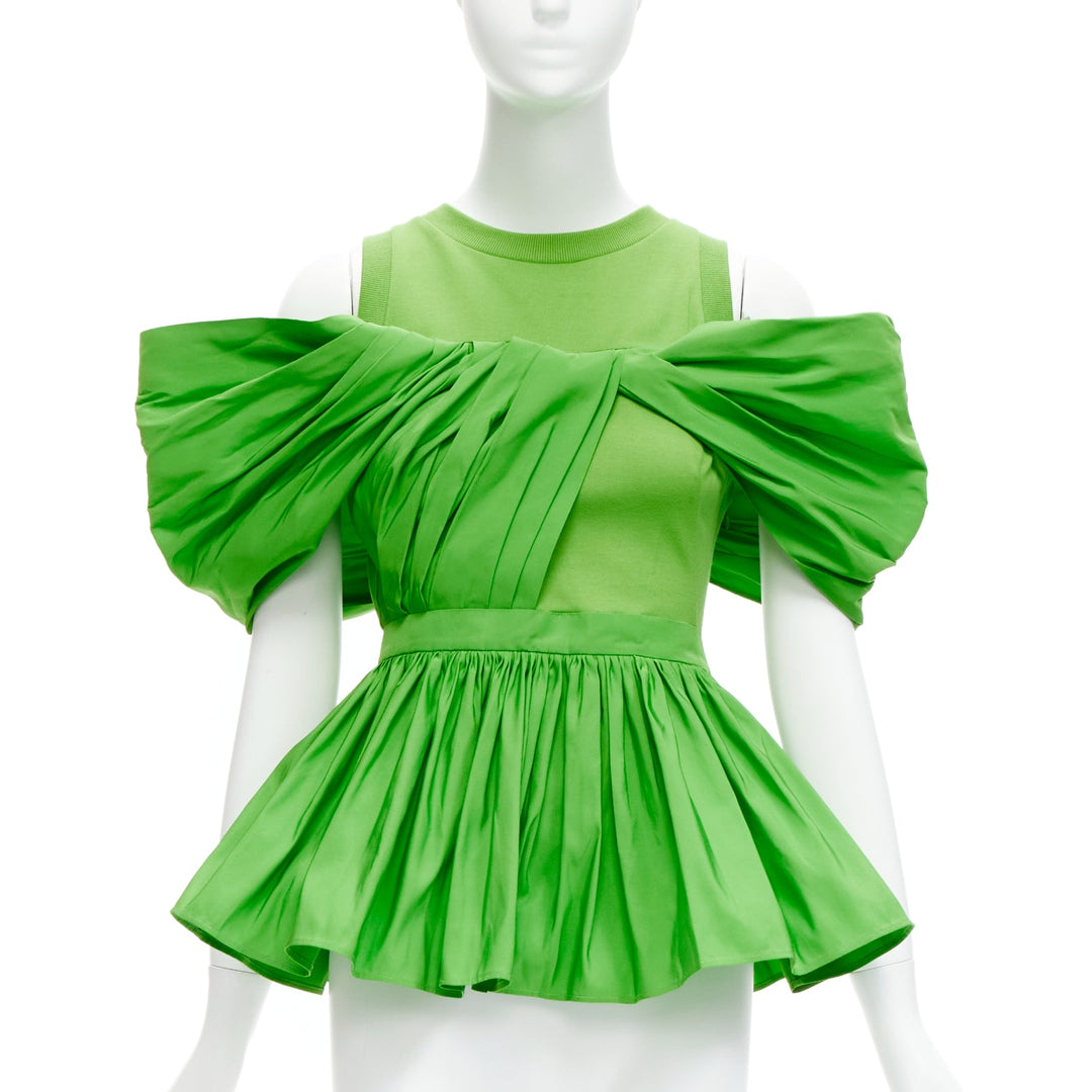 ALEXANDER MCQUEEN 2023 green cotton pleated peplum faille cold shoulder top IT38