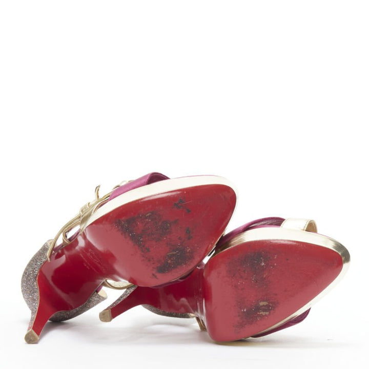 CHRISTIAN LOUBOUTIN Ambertina 140 gold pink glitter buckle strappy platform EU36