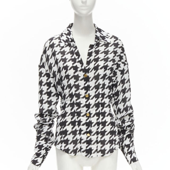 BALMAIN  black white houndstooth viscose gold B button long sleeve blouse FR38 S