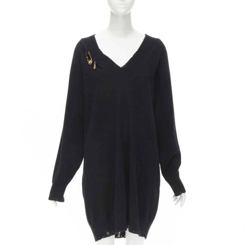 VERSACE 95% cashmere wool punk gold Medusa safety pin distressed dress IT44