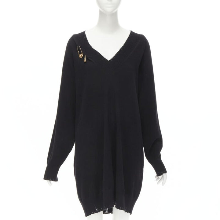 VERSACE 95% cashmere wool punk gold Medusa safety pin distressed dress IT44