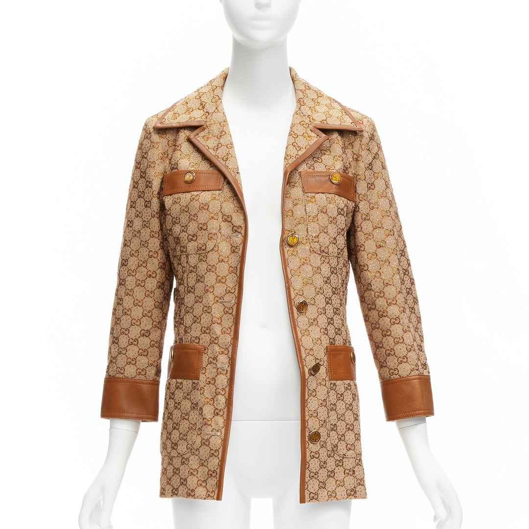 GUCCI 2022 Aria crystal embellished Horsebit web belt GG canvas jacket IT38 XS