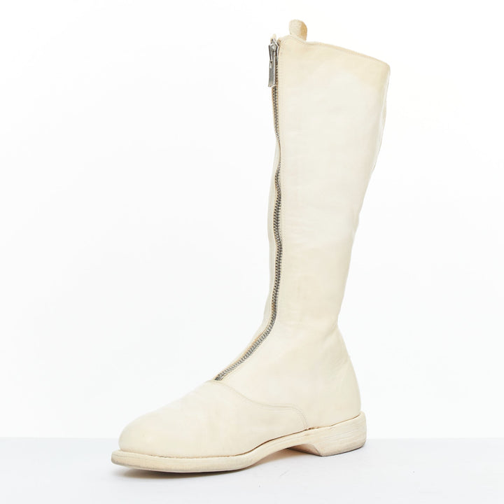 GUIDI 410 Soft Horse distressed off white leather silver zip front boots EU36