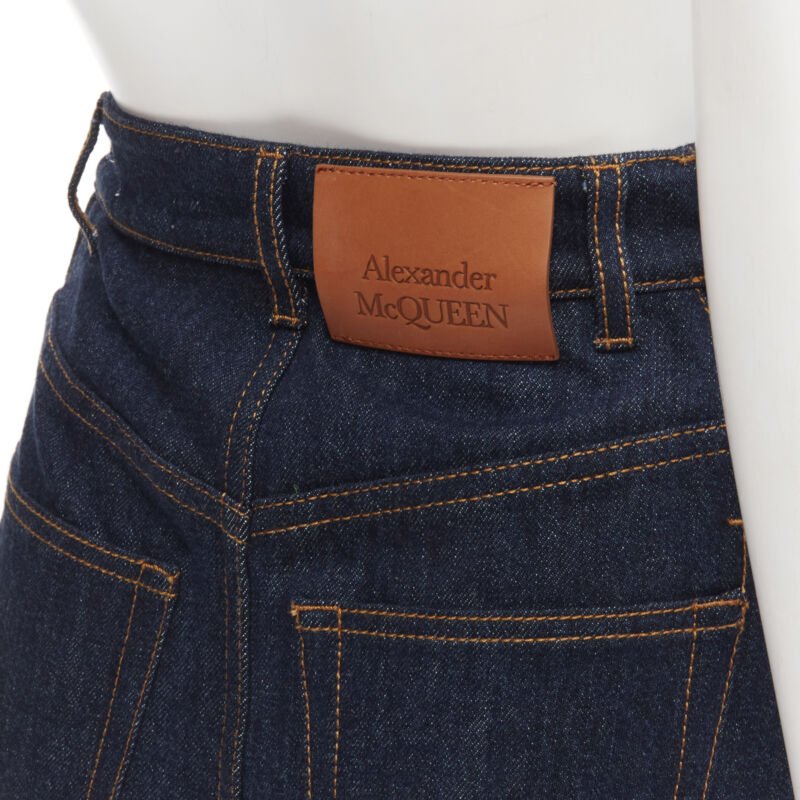 ALEXANDER MCQUEEN blue denim double waistband logo patch layered shorts 24"