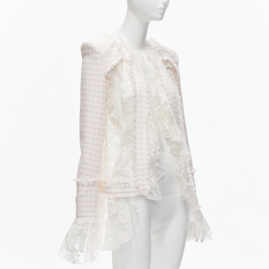 BALMAIN Spencer pink white tweed sheer lace ruffle blazer jacket FR34 XS