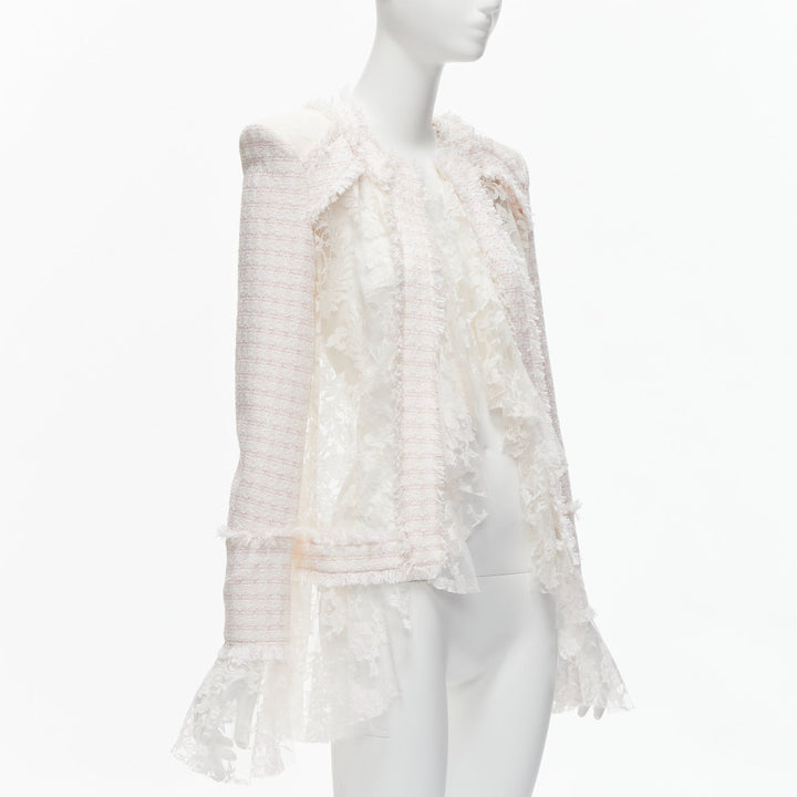 BALMAIN Spencer pink white tweed sheer lace ruffle blazer jacket FR34 XS