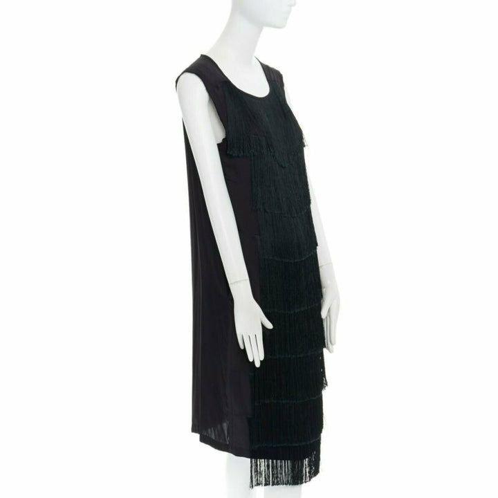 runway DRIES VAN NOTEN 2013 black fringe trim silk flapper dress FR38 US6 S