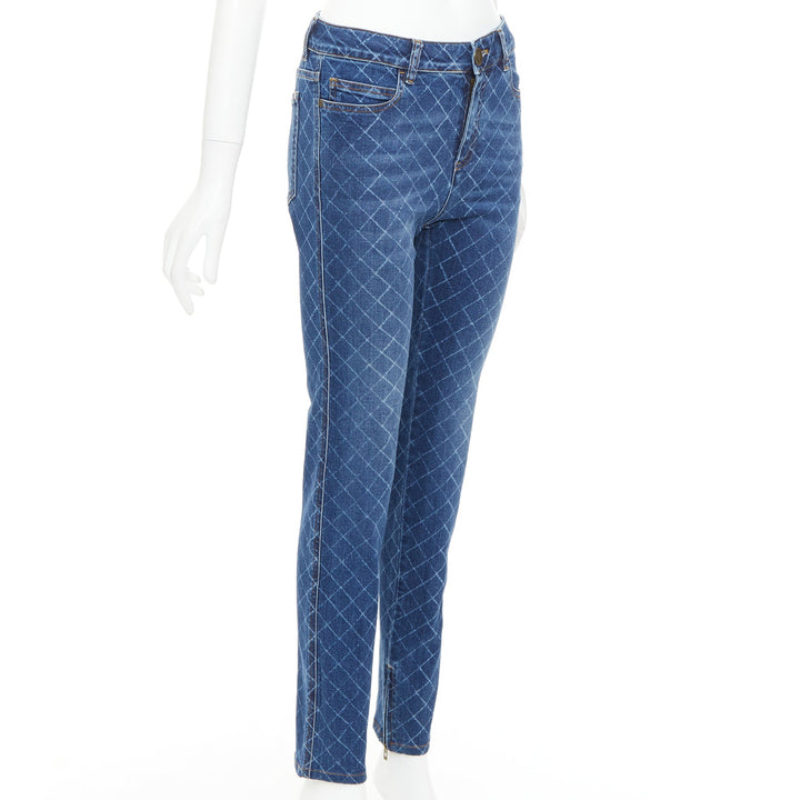 CHANEL blue washed diamond grid quilt mid waist skinny jeans FR38 M