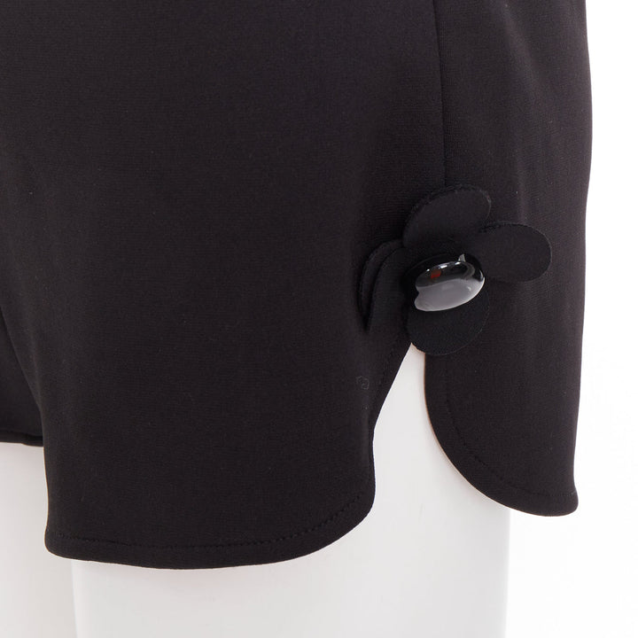 SHUSHU TONG Slit Shorts black floral button applique mini runner pants UK6 XS