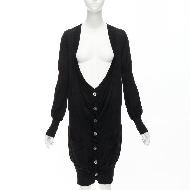 JUNYA WATANABE 2006 black wool low cut long button up cardigan sweater S