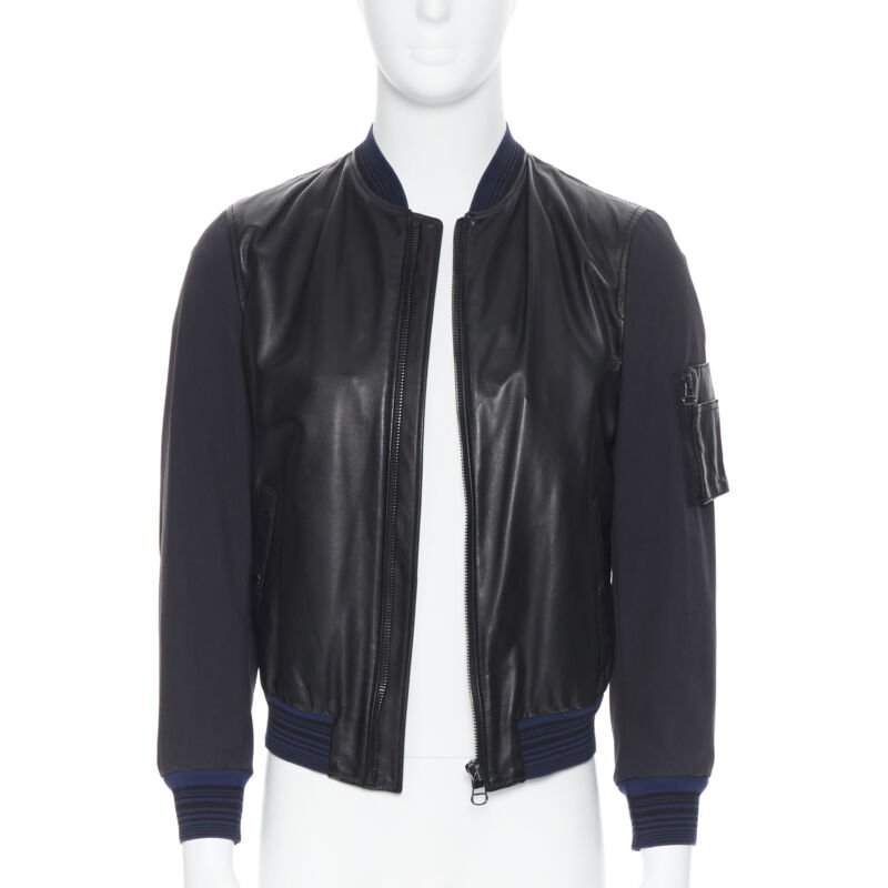 LANVIN ALBER ELBAZ black contrast lamb leather front MA1 bomber jacket EU44 XS