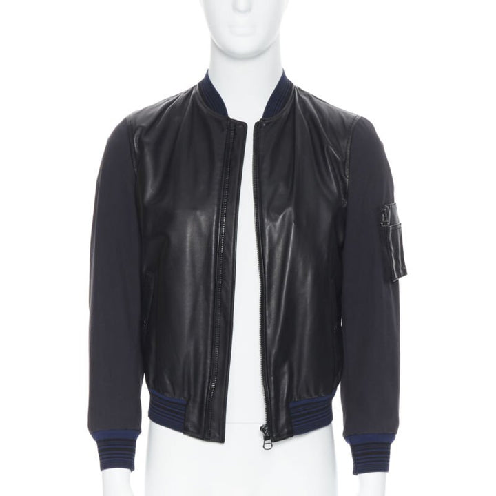 LANVIN ALBER ELBAZ black contrast lamb leather front MA1 bomber jacket EU44 XS