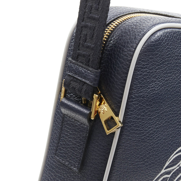VERSACE Pop Medusa navy grey calf leather Greca crossbody messenger bag