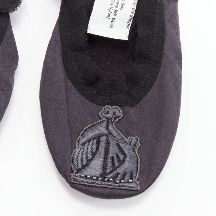 LANVIN black 100% silk satin logo embroidery sleeping flats mask set  EU37