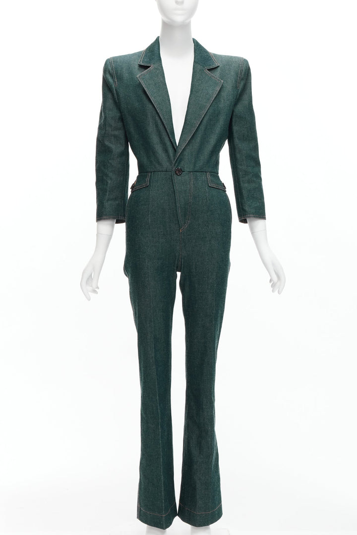 SAINT LAURENT 2022 Runway blue denim pocketed power shoulder jumpsuit FR34 XS