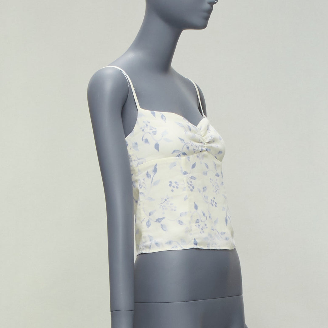 REFORMATION cream blue floral print retro ruched tank top US2 S