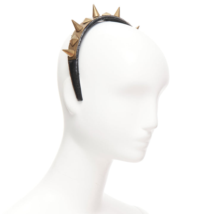 rare GIVENCHY Riccardo Tisci antique gold spike black leather headband