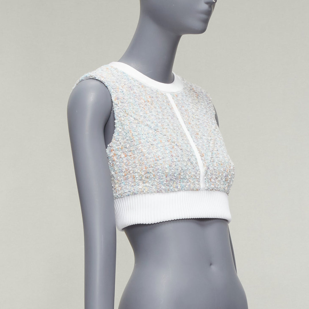 LOUIS VUITTON 2023 Runway pastel white boucle tweed crew crop top FR34 XS