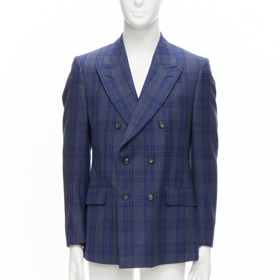 ALEXANDER MCQUEEN 2014 navy blue check wool double breasted blazer IT48 M