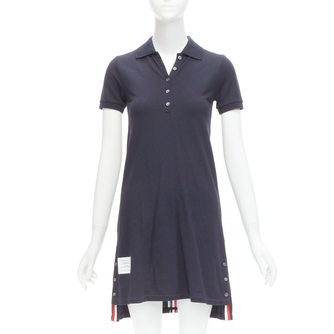 THOM BROWNE navy blue signature stripe webbing pique polo dress IT36 XXS