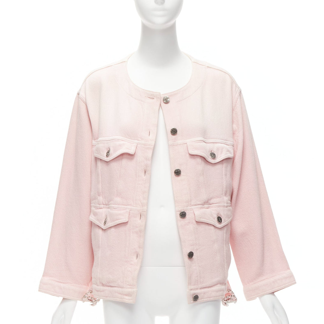 CHANEL 2019 pink cotton 4 pockets CC buttons collarless oversized jacket FR34 XS