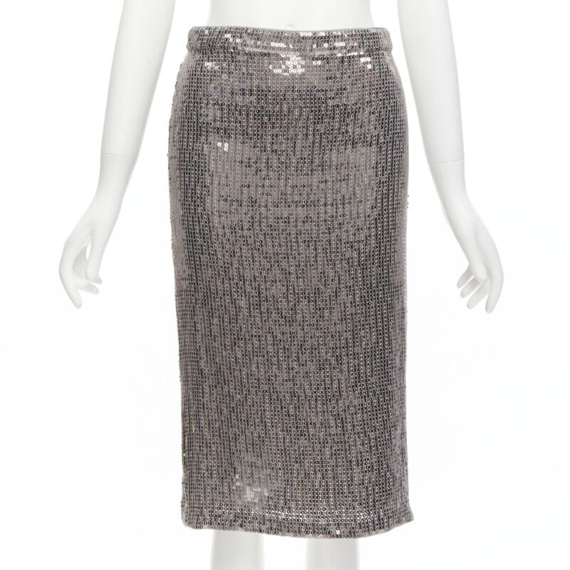 ALICE OLIVIA silver metallic sequins back slit knee length pencil skirt US0 XS