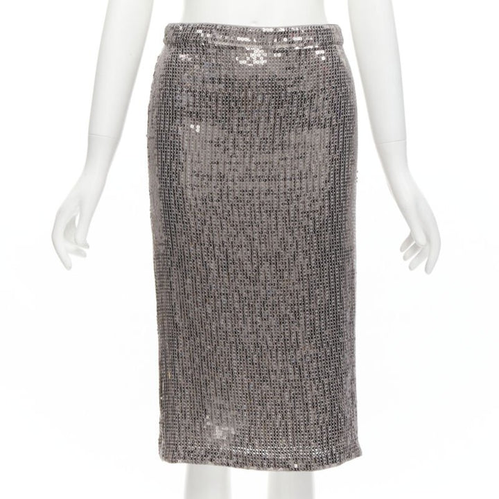 ALICE OLIVIA silver metallic sequins back slit knee length pencil skirt US0 XS