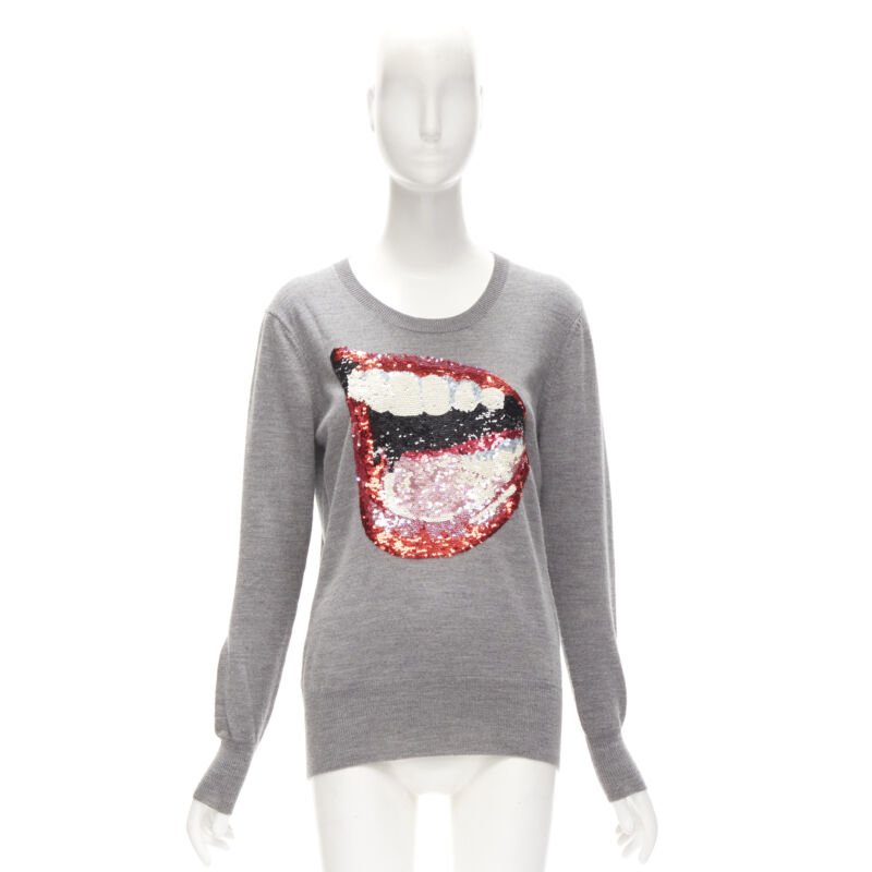MARKUS LUPFER grey knit red lips sequins sweater S
