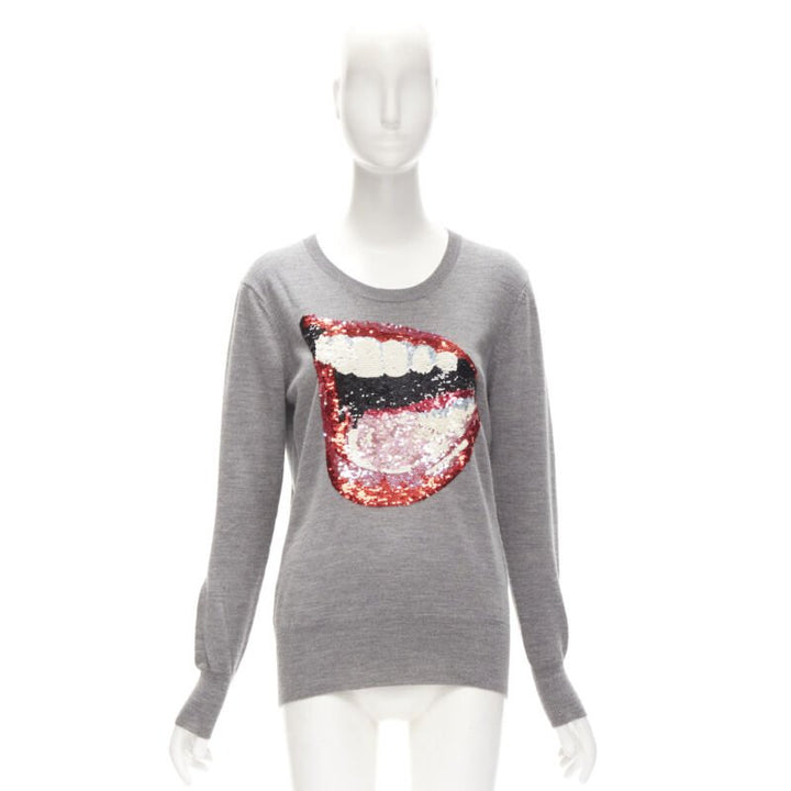 MARKUS LUPFER grey knit red lips sequins sweater S