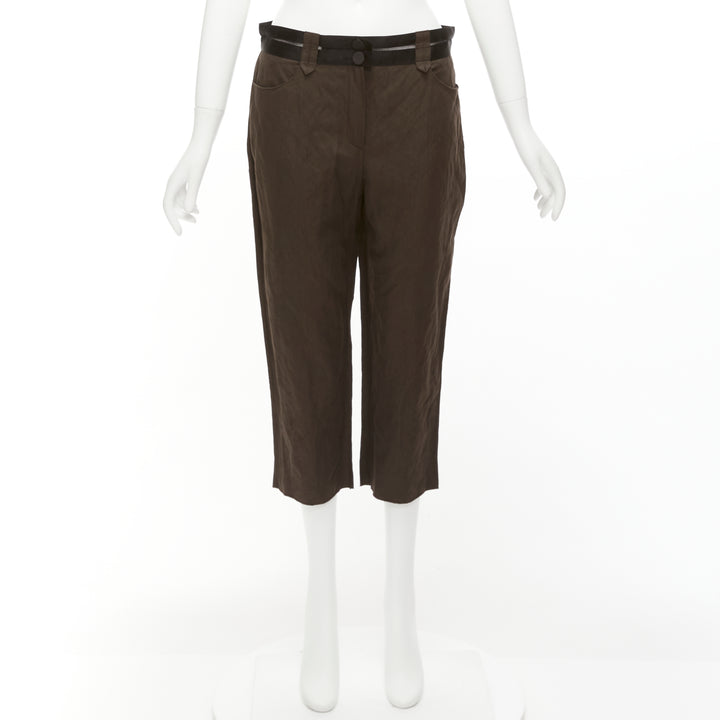 LANVIN 2005 dark brown black cotton blend sheer waistband crop pants FR40 L