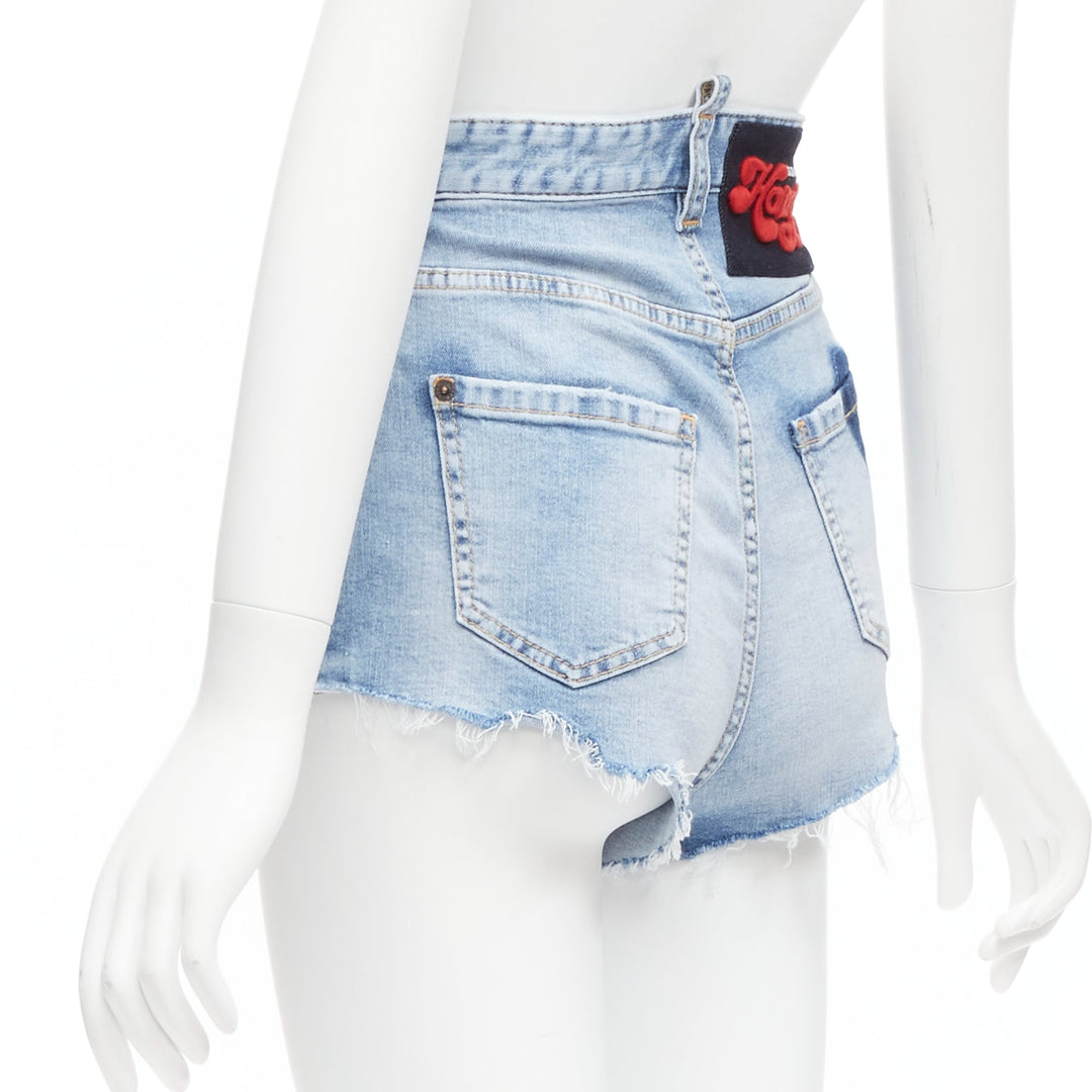 DSQUARED2 HONEY blue heart washed denim leopard lined hot pants IT36 XXS
