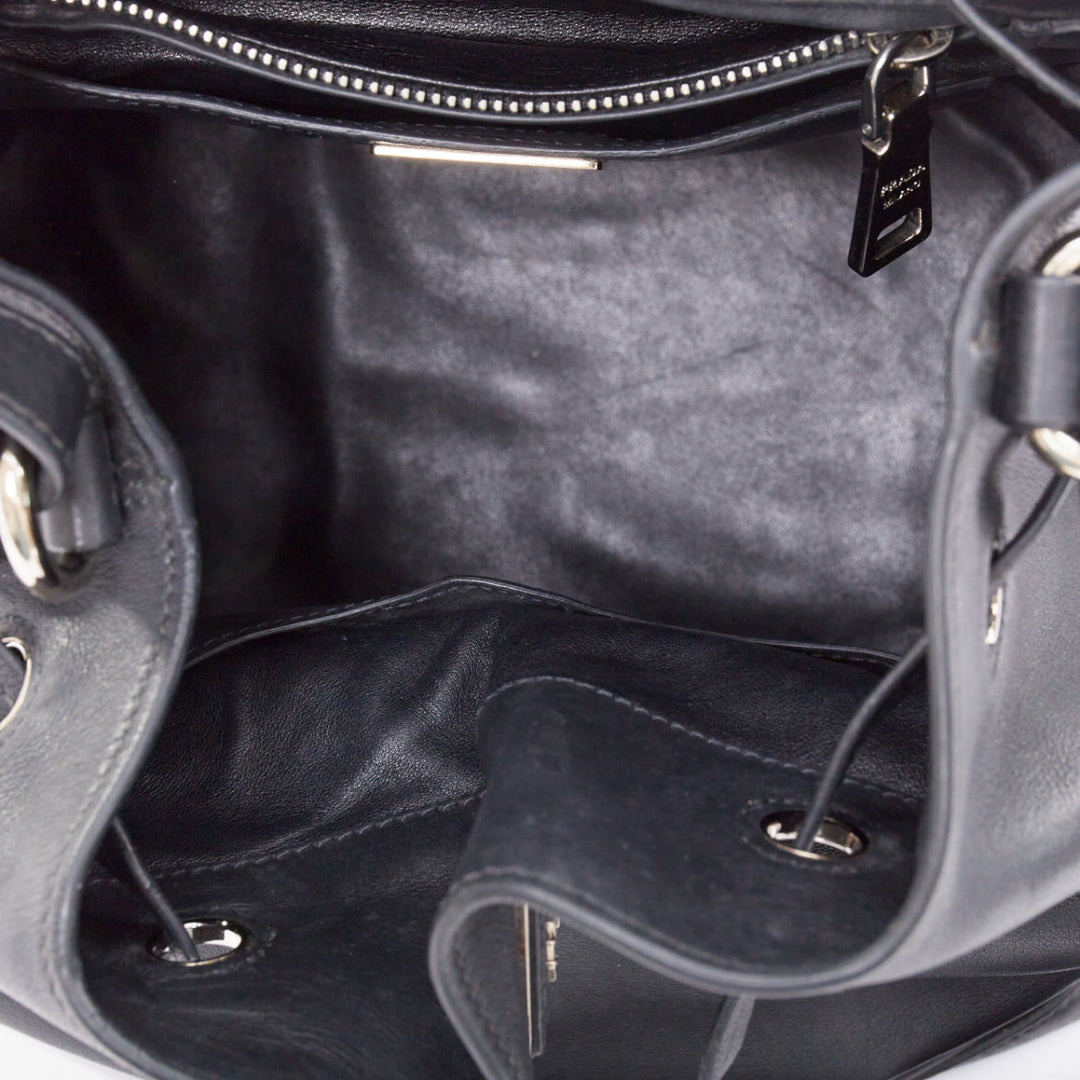 PRADA City Calf Bucket black calfskin leather triangle tassel drawstring bag