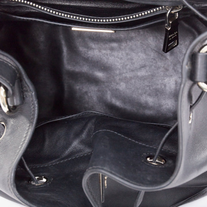 PRADA City Calf Bucket black calfskin leather triangle tassel drawstring bag