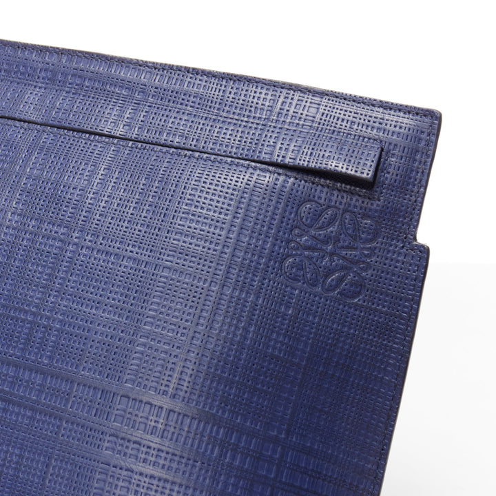 LOEWE T Pouch navy textured checkered leather silver zip wrist clutch bag