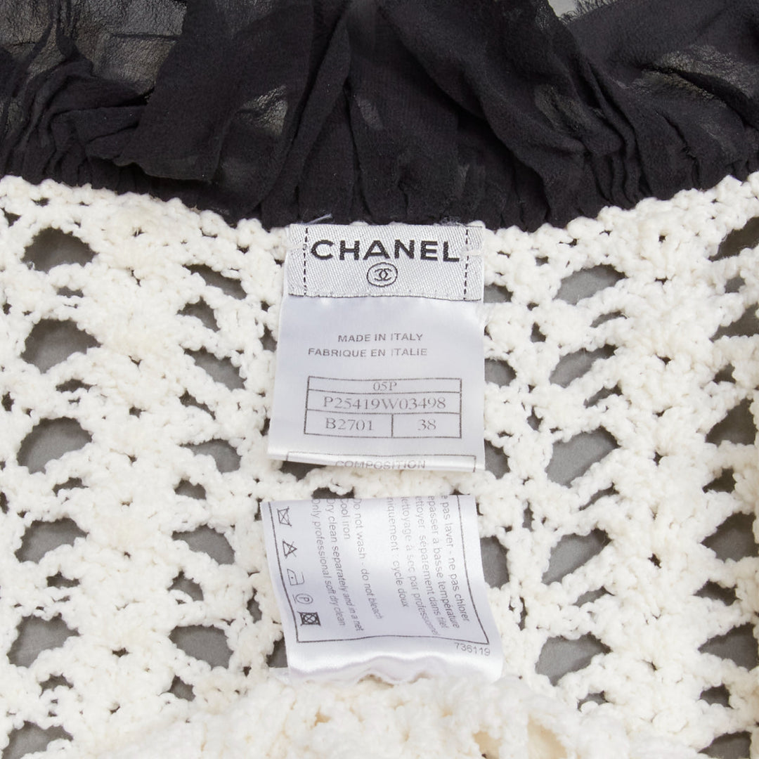 CHANEL 05P Runway cream crochet knit black silk trim cardigan coat FR38 M