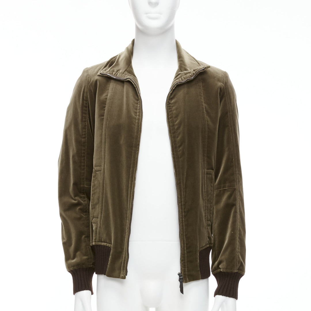 COSTUME NATIONAL smoked khaki cotton blend velvet panelled zip bomber IT50 L