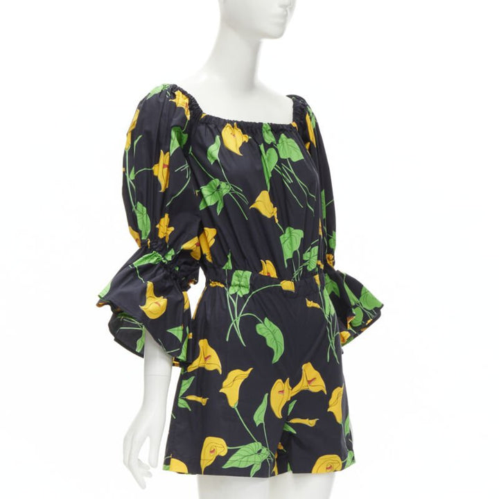 LE DOUBLE J Mantero black green yellow leaf print cotton flared cuff romper XS