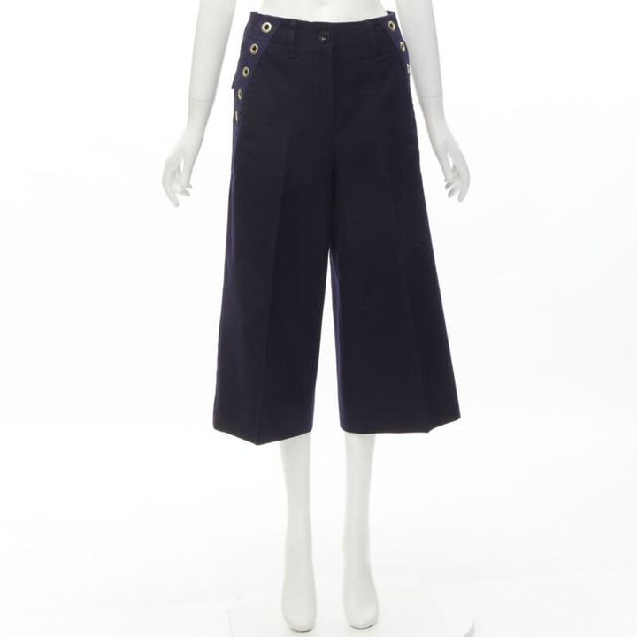 SACAI 2016 navy wool gold grommet stud trim wide leg culotte pants JP2 M