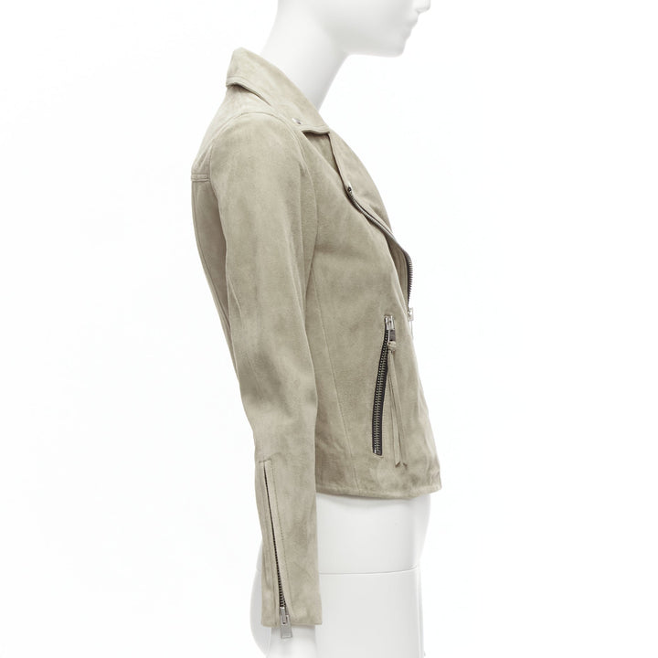 ALL SAINTS Dalby grey goat suede silver hardware classic biker jacket UK6 XS
