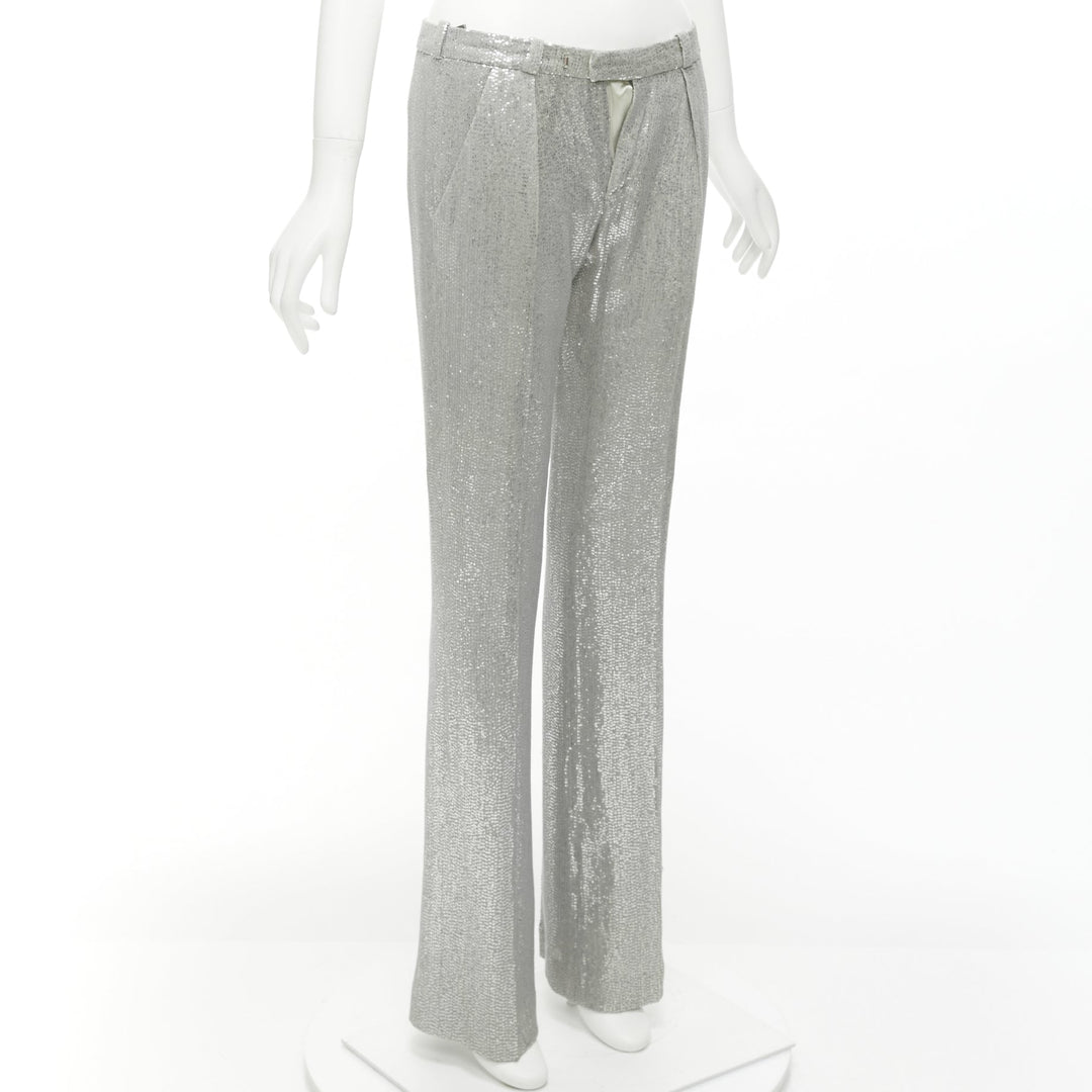 ALEXIS MABILLE 100% silk silver sequinned straight leg trouser pants FR36 S