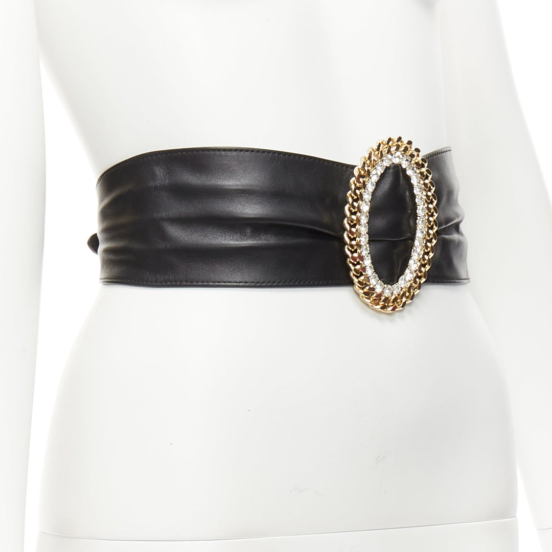 ALESSANDRA RICH rhinestone crystal gold chain oval buckle black leather belt S