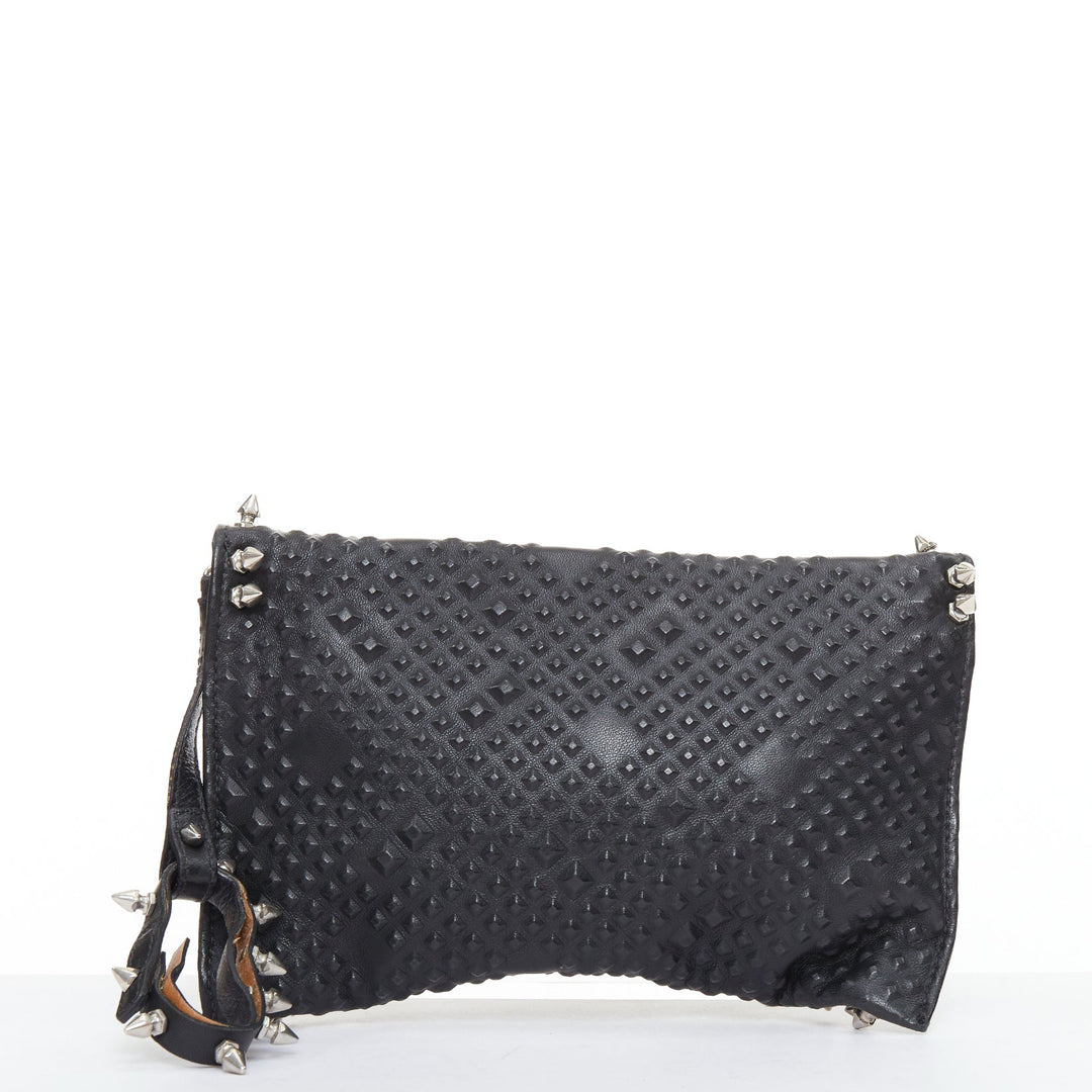 MAISON DU POSH black tonal stud silver spike leather studded envelop clutch bag